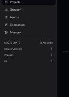 Seitenleiste der Eustell-App mit Zugriff auf Projekte, Agenten und letzte Chats.