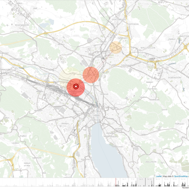 Eine Karte der Region Zürich mit Markierungen für Kommunikationsaktivitäten am 6. Februar 2013.