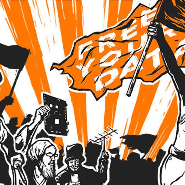 Eine Menschenmenge demonstriert mit Fahnen und Schildern vor einem orangefarbenen Hintergrund.