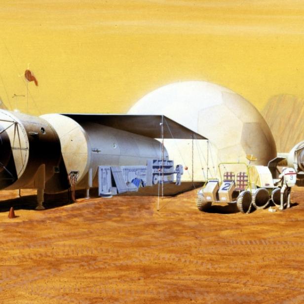 Nasa Konzept aus 1989: Ein Wohnmodul, ein Airlock, ein 16 Meter langes, aufblasbares Wohnmodul. Weiters zeigt es einen Mars Rover, einen Arbeitsbereich für Experimente. Die Station ist für sieben Astronauten konzipiert.