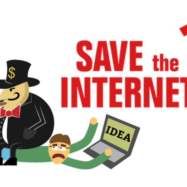 Ein Cartoon zeigt einen Kabelstecker-Magnaten, der auf einer Person mit einem Laptop sitzt, mit dem Text „Save the Internet“.