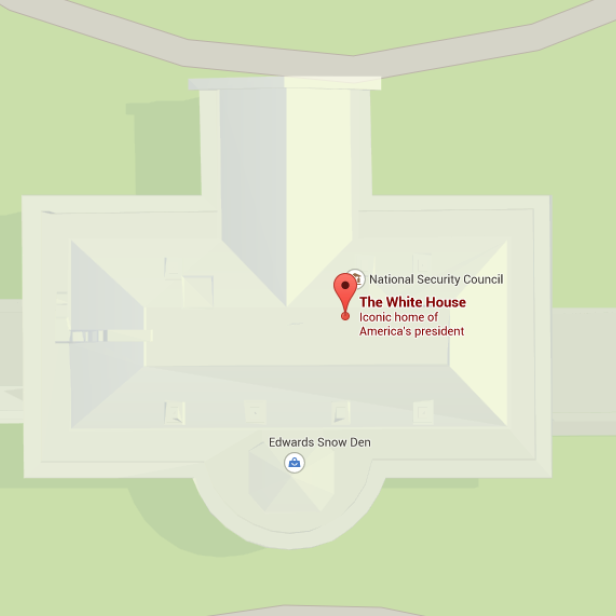 Eine schematische Ansicht des Weißen Hauses mit umliegenden Gärten.