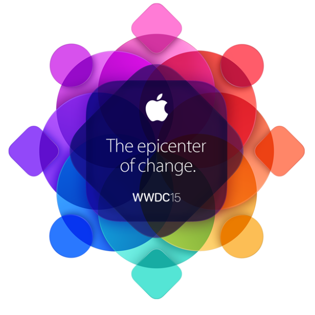 Das Apple-Logo und der Text „The epicenter of change. WWDC15“ vor einem bunten, abstrakten Hintergrund.