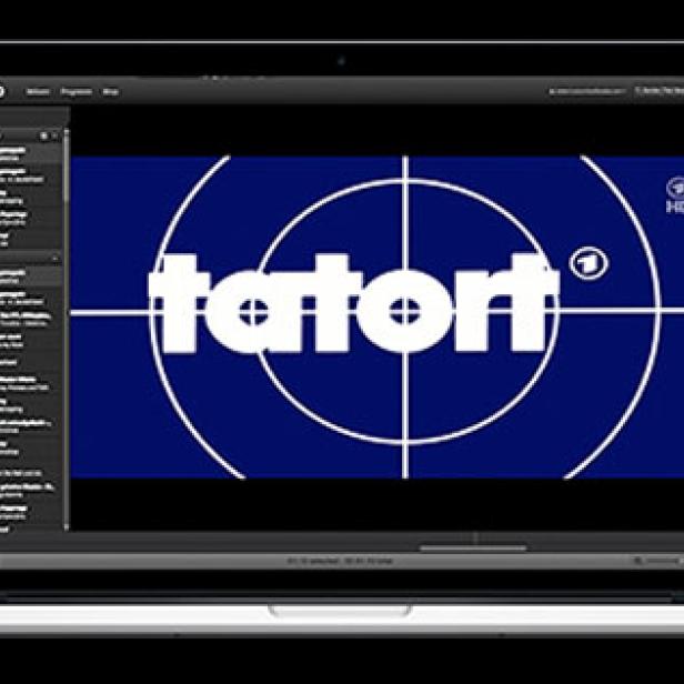 Auf einem Laptop läuft die Zattoo-App mit dem Fernsehprogramm „Tatort“.