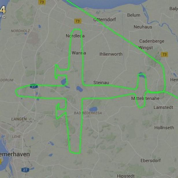 Flugzeug als Route in die Karte gezeichnet