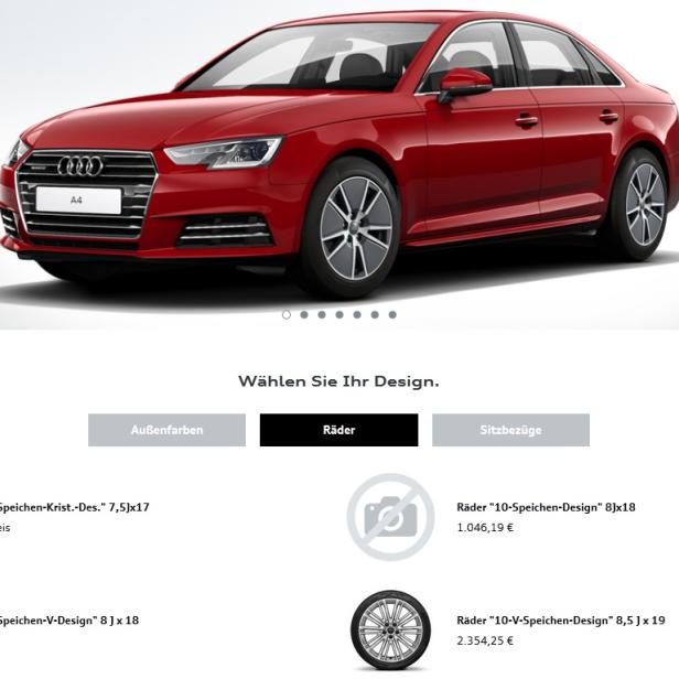 Ein roter Audi A4 wird auf einer Webseite präsentiert.