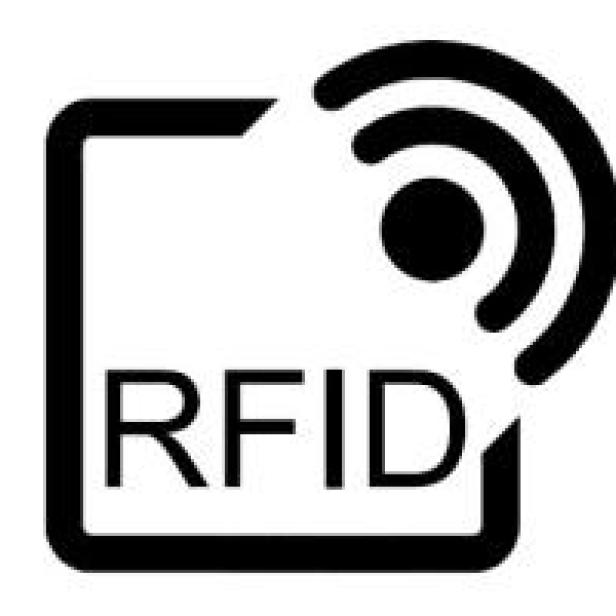Ein schwarzes RFID-Symbol auf weißem Hintergrund.