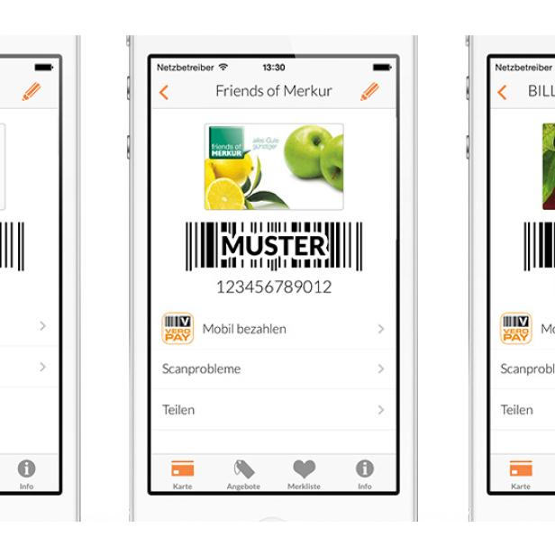 Billa, Bipa und Merkur akzeptieren die Kundenkarte am Handy-Display, solange sie mit den offiziellen Apps oder mobile-pocket dargestellt wird.