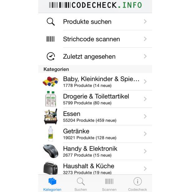 Neben dem scannen von Barcodes ist es in der App Codecheck.info auch möglich Produkte nach Kategorien zu suchen