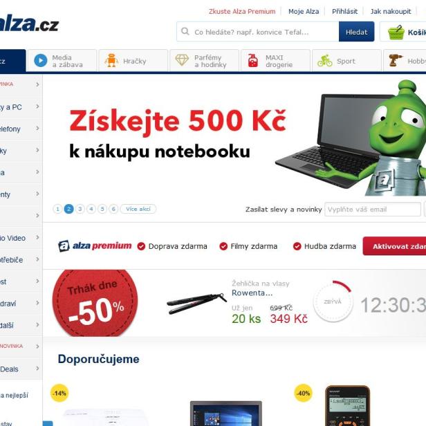 Die Alza-Website mit Werbung für Notebooks, Premium-Dienste und Rabattaktionen.