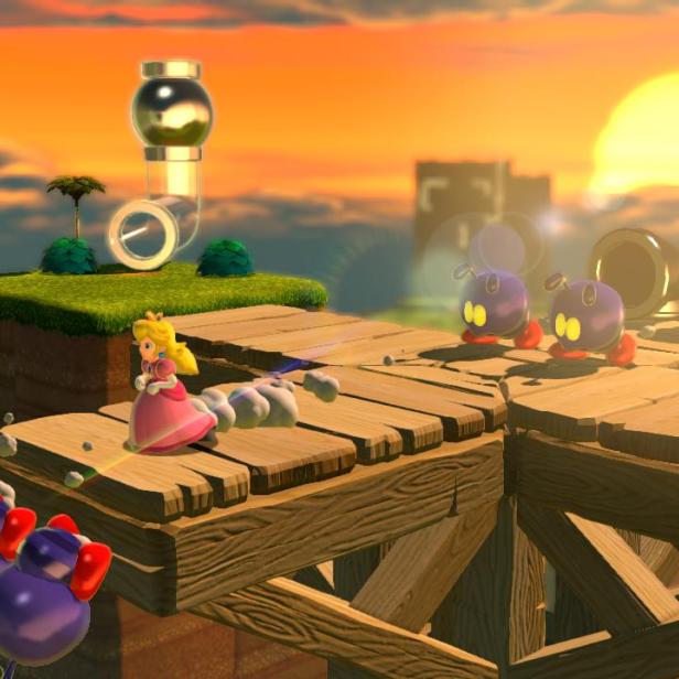 Prinzessin Peach steht auf einer Holzplattform in einem Super-Mario-Spiel.
