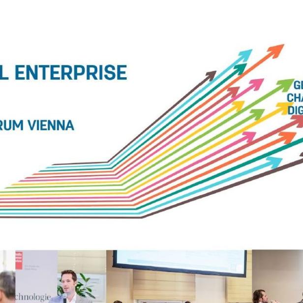 Eine Grafik für „The Digital Enterprise“ am 3./4. Mai 2017 im Novomatic Forum Wien mit bunten Pfeilen, die Wachstum symbolisieren.