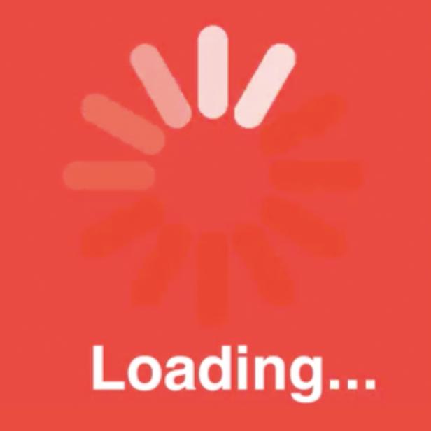 Ein rot-oranges Bild mit einem sich drehenden Ladesymbol und dem Wort „Loading…“.