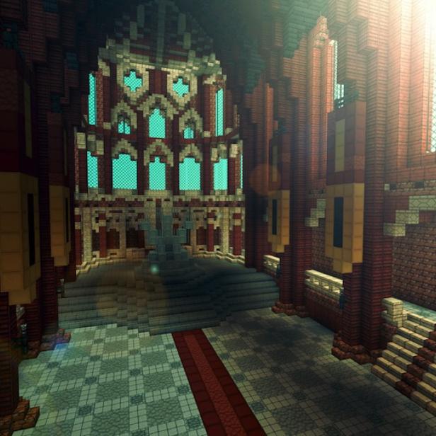 Innenansicht einer großen Halle, die in Minecraft gebaut wurde.