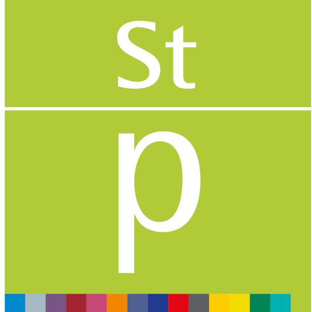 Das stilisierte Logo von Step mit grünem Hintergrund und bunten Farbfeldern.