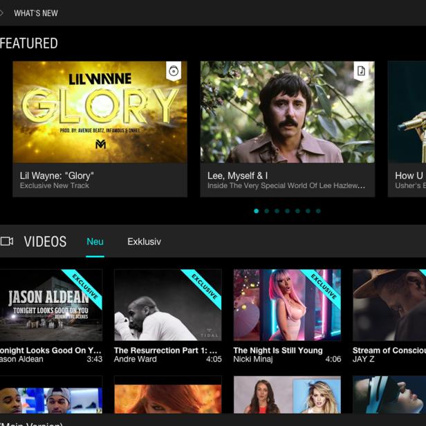 Screenshot der „Neuheiten“-Seite von Tidal mit Albumcovern und Videominiaturen.