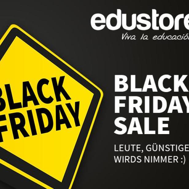 Gelbes Warnschild mit der Aufschrift „Black Friday Sale“ für Edustore.