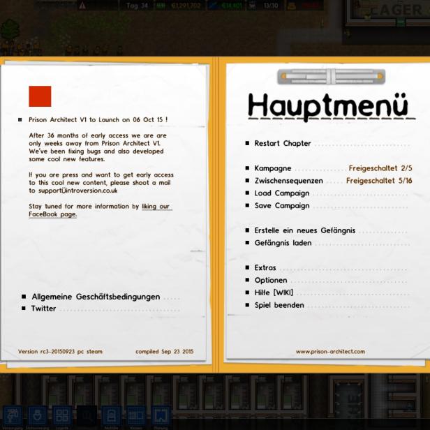 Das Hauptmenü des Gefängnis-Simulators Prison Architect