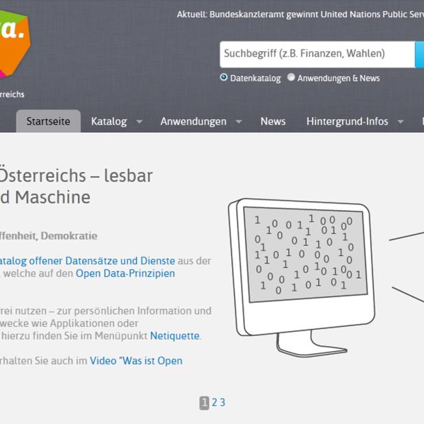 Die Webseite data.gv.at zum Thema offene Daten in Österreich mit Illustrationen zu Datenverarbeitung.