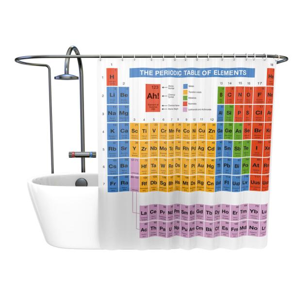 Der Periodensystem Duschvorhang lädt dazu ein, während der allmorgendlichen Hygienerituale für Chemie zu lernen - direkt in der Badewanne mit etwas H2O! Falls Du Dich in der Chemie schon richtig gut auskennst und vielleicht sogar Nachhilfe gibst oder dozierst, wird Dein Badezimmer mit diesem Duschvorhang ein toller Anschauungsort - warum nicht mal den Unterricht neben dem Waschbecken stattfinden lassen?