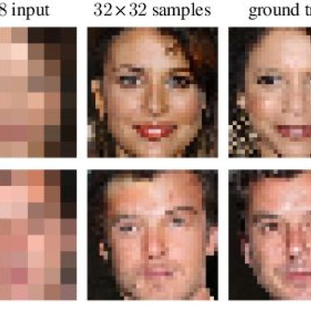 Vergleich: Links das 8x8 Bild, in der Mitte die Google-Rekonstruktion und rechts das Original