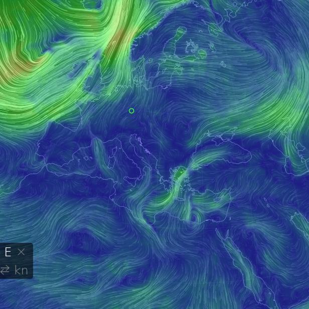 Eine Wetterkarte von Europa und dem Nahen Osten zeigt Windströmungen.