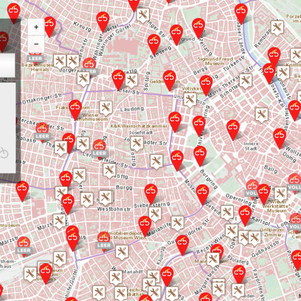 Der Online-der Radfahragentur der Stadt Wien zeigt Fahrradhändler, beliebte Strecken und Citybike-Stationen.