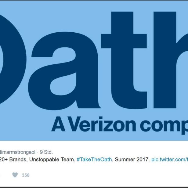Das Logo von Oath, einem Unternehmen von Verizon, auf hellblauem Hintergrund.