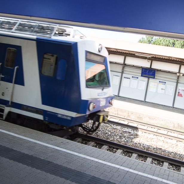 Ein blau-weißer Zug fährt in einen Bahnhof ein.