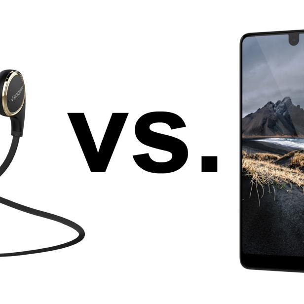 Zwei Mal Essential: Links Essential Bluetooth Kopfhörer von Spigen, rechts das Essential Phone. Laut Spigen kann es bei Kunden durch Doppelnamen zu Verwirrung kommen