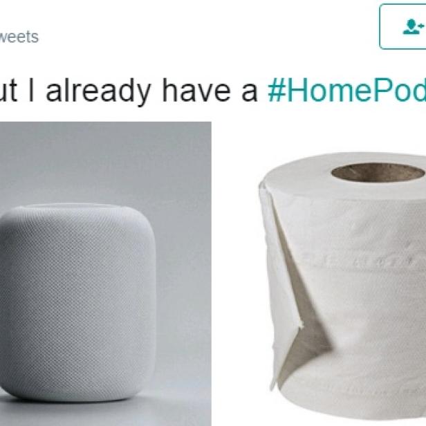 Ein Apple HomePod und eine Rolle Toilettenpapier im Vergleich.
