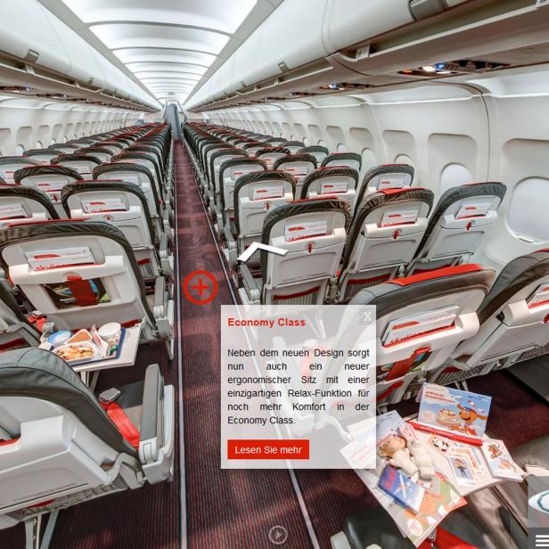 myPanorama 360-Grad-Ansichten der Flugzeugkabinen von Austrian Airlines. Hier ein Blick in den Airbus A320