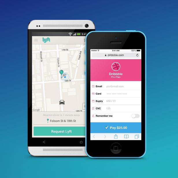 Zwei Smartphones zeigen eine Lyft-Karte und eine Dribbble-Zahlungsseite.