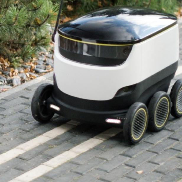 Ein autonomer Lieferroboter fährt auf einem gepflasterten Weg.