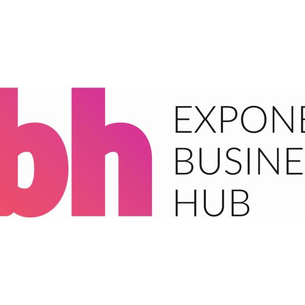 Das Logo von Exponential Business Hub, abgekürzt xbh, in Pink und Schwarz.