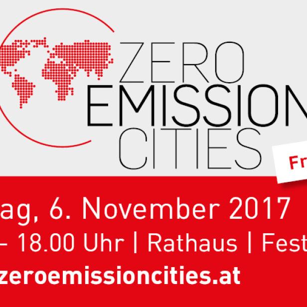 Ankündigung für „Zero Emission Cities“ am 6. November 2017 im Rathaus, Festsaal; freier Eintritt.