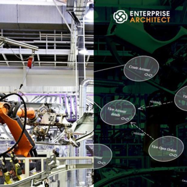 Ein Industrieroboter in einer Fabrikhalle neben einem Diagramm von „Enterprise Architect“.
