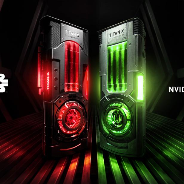 NVIDIA TITAN Xp Grafikkarten im Star-Wars-Look. Links das Modell Galaktisches Imperium, rechts das Modell Jedi-Orden.