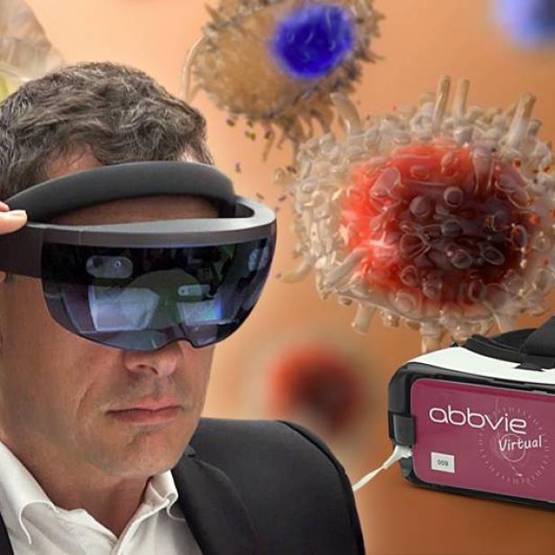 Ein Mann mit Abbvie Virtual Reality Brille vor dem Hintergrund stilisierter Zellen.