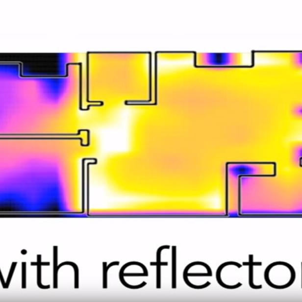 Eine farbcodierte Darstellung der Signalstärke in einem Raum mit Reflektor.