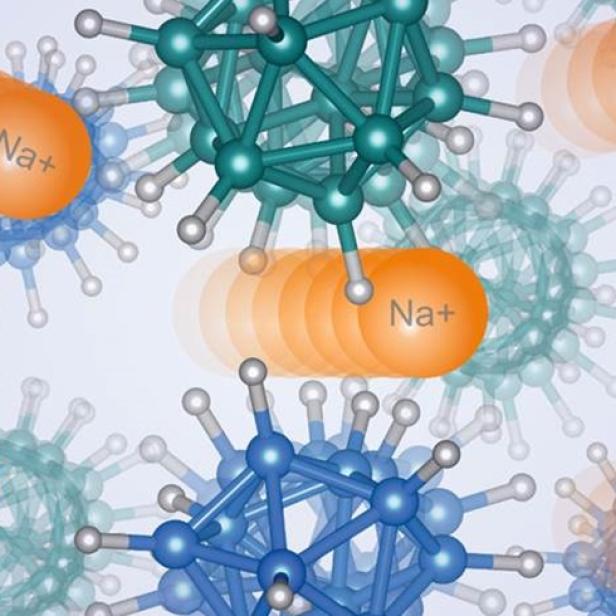 Eine schematische Darstellung von Natriumionen, die sich zwischen Molekülen bewegen.