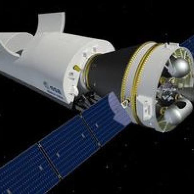 Eine Darstellung eines Raumschiffs mit Solarpanelen im Weltraum.