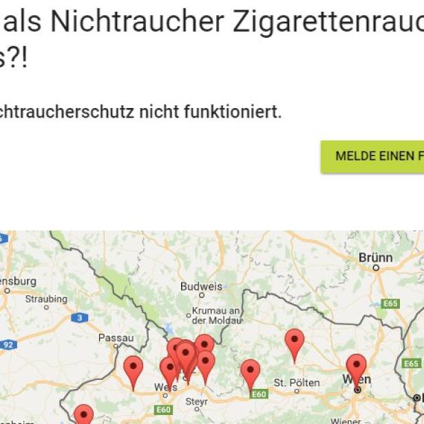 Die Webseite frischluftmangel.at zeigt auf, über welche Lokale sich Nichtraucher beschweren