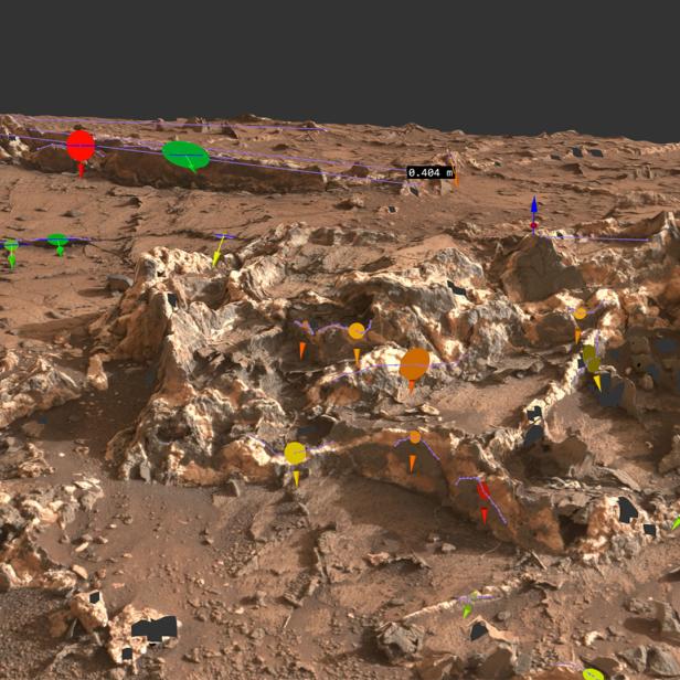 Ein 3D-Blick auf die Gesteinsformation &quot;Garden City&quot; auf dem Mars, inklusive Markierungen für Geologen