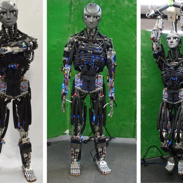 Drei Ansichten eines humanoiden Roboters, der verschiedene Posen einnimmt.