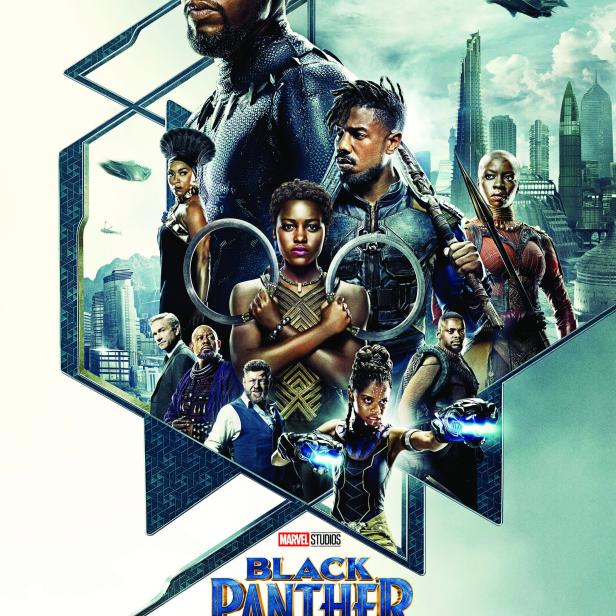 Das Filmplakat für „Black Panther“ zeigt Chadwick Boseman und andere Darsteller vor der Skyline von Wakanda.