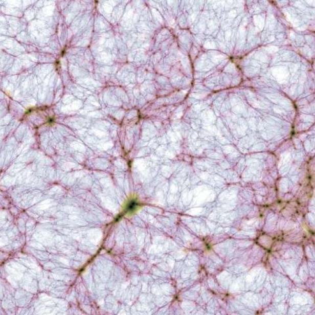 Eine Simulation der großräumigen Struktur des Universums mit Filamenten aus dunkler Materie.