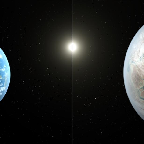 Der mit dem NASA-Weltraumteleskop Kepler entdeckte Exoplanet Kepler-452b ist 60 Prozent größer als die Erde (li.)