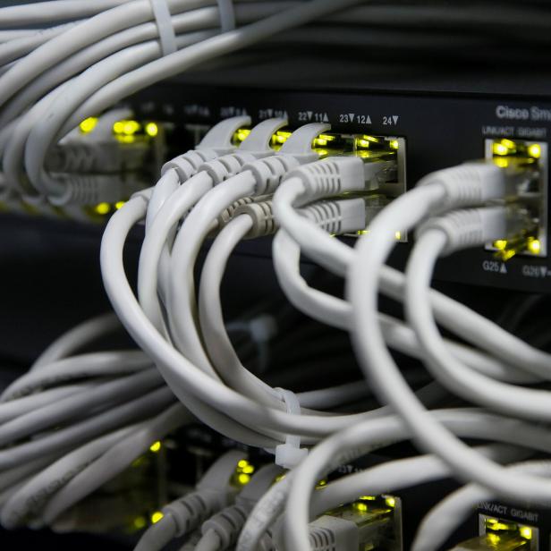 Ethernet cables used for internet connection are seen at the headquarters of the Wnet internet service provider in Kiev