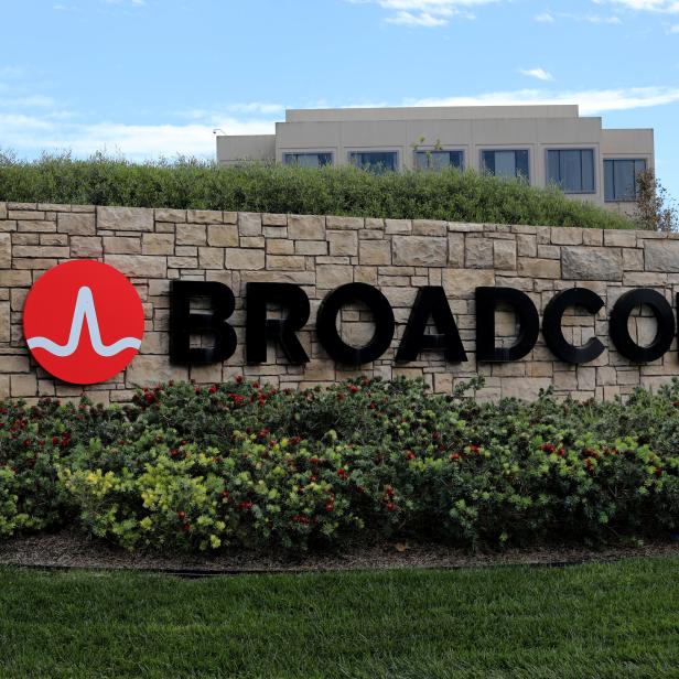 FILE PHOTO: A sign to the campus offices of chip maker Broadcom Ltd, who announced on Monday an unsolicited bid to buy peer Qualcomm Inc for $103 billion, is shown in Irvine, California